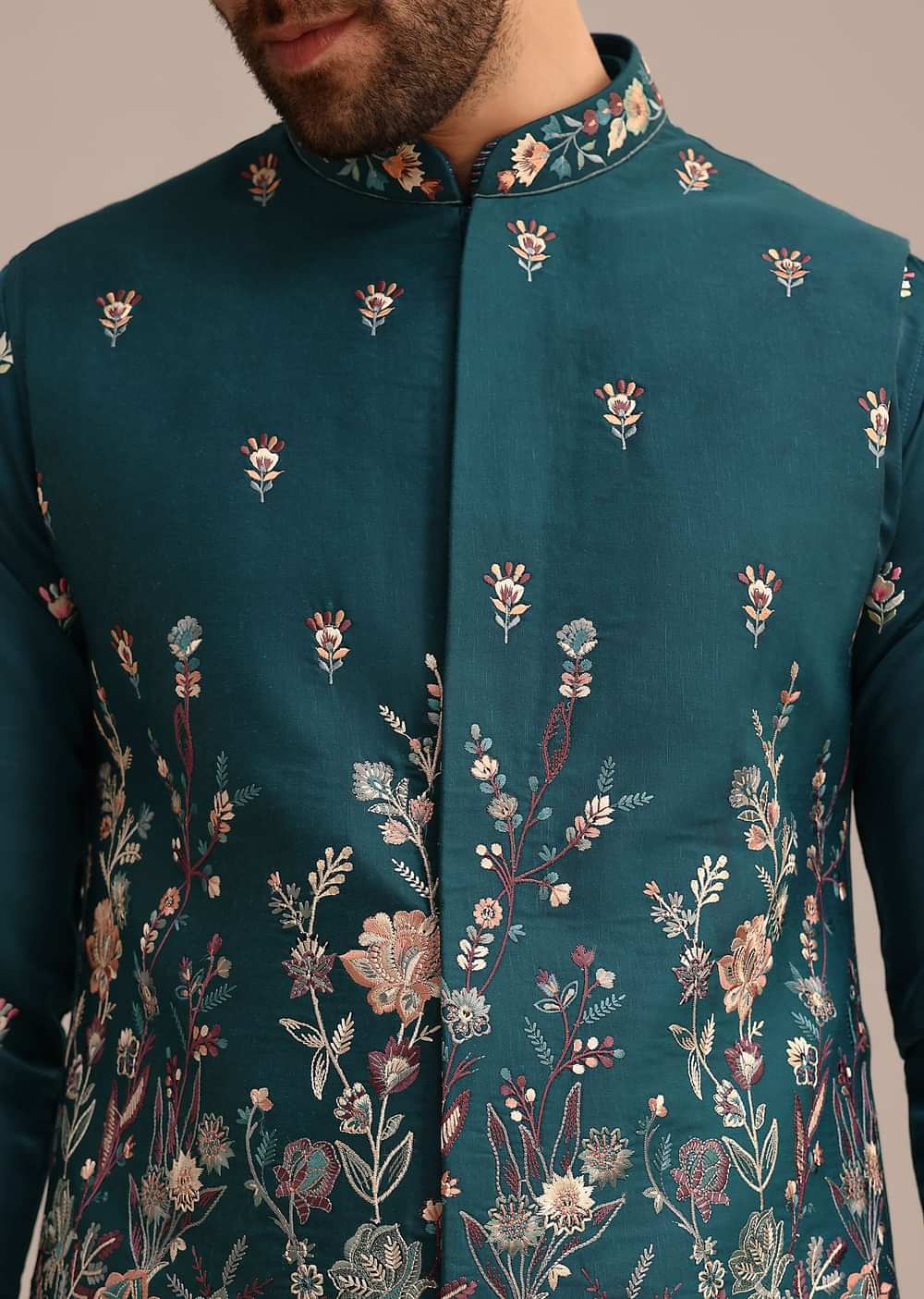 Blue Satin Resham Work Kurta Jacket Set