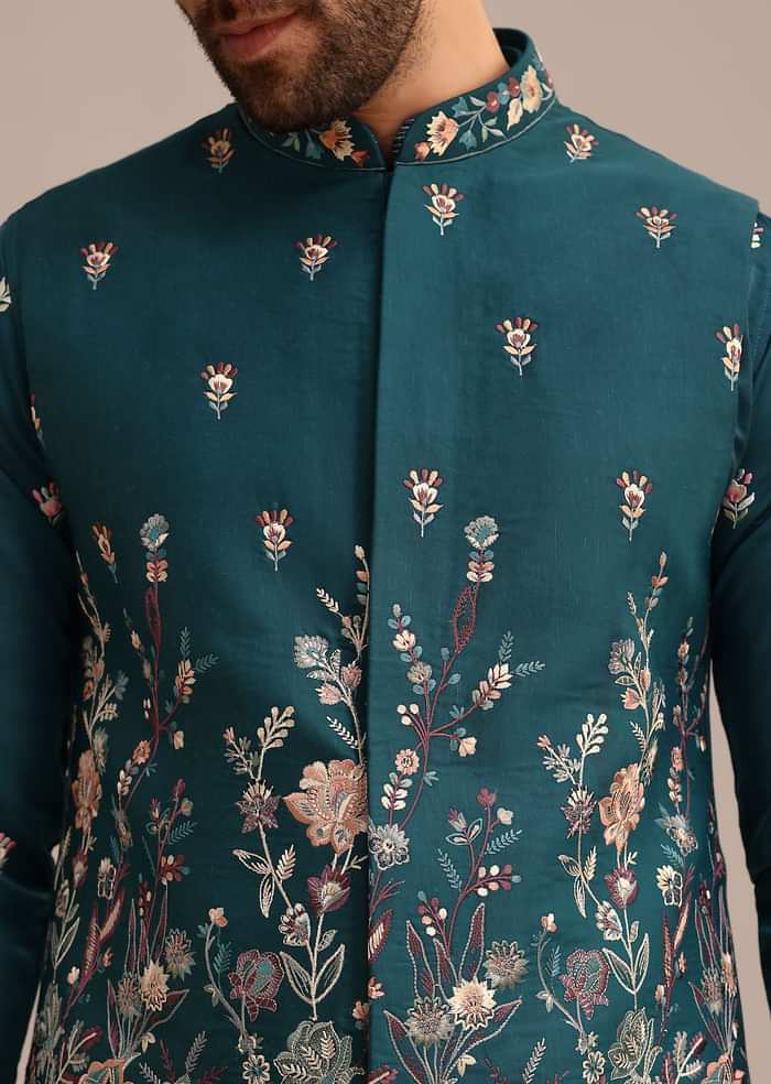 Blue Satin Resham Work Kurta Jacket Set