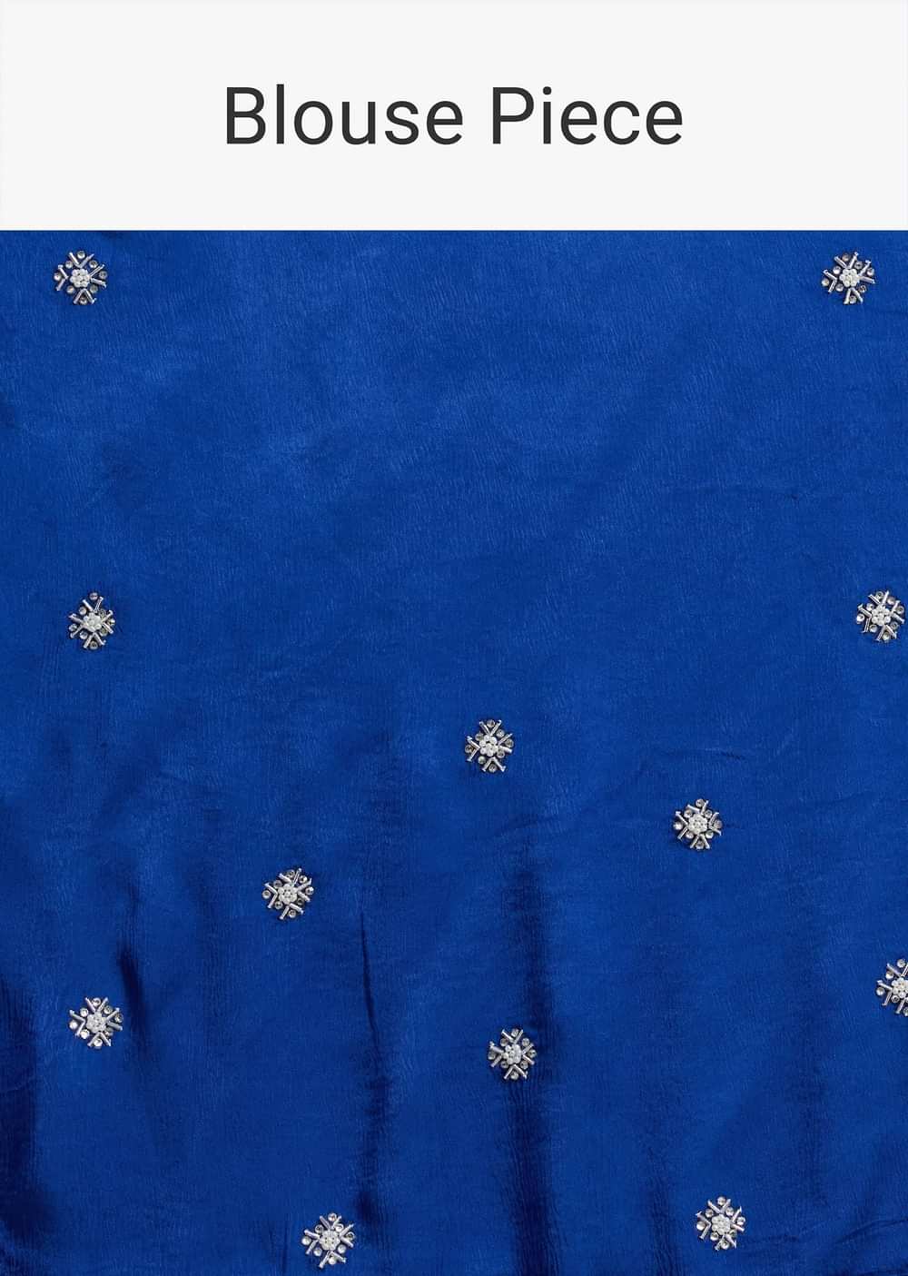 Blue Satin Saree With Stone Embellished Border And Unstitched Blouse Piece