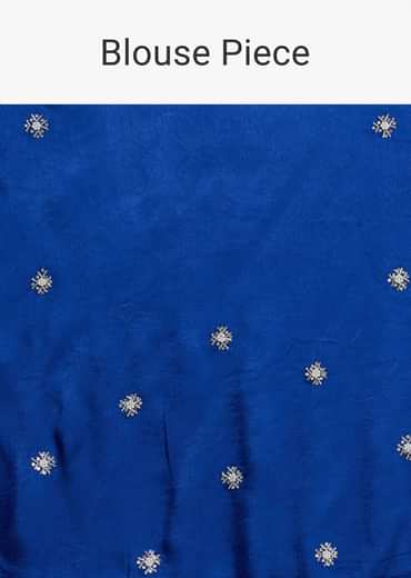 Blue Satin Saree With Stone Embellished Border And Unstitched Blouse Piece
