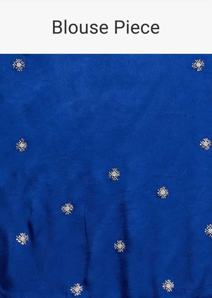 Blue Satin Saree With Stone Embellished Border And Unstitched Blouse Piece