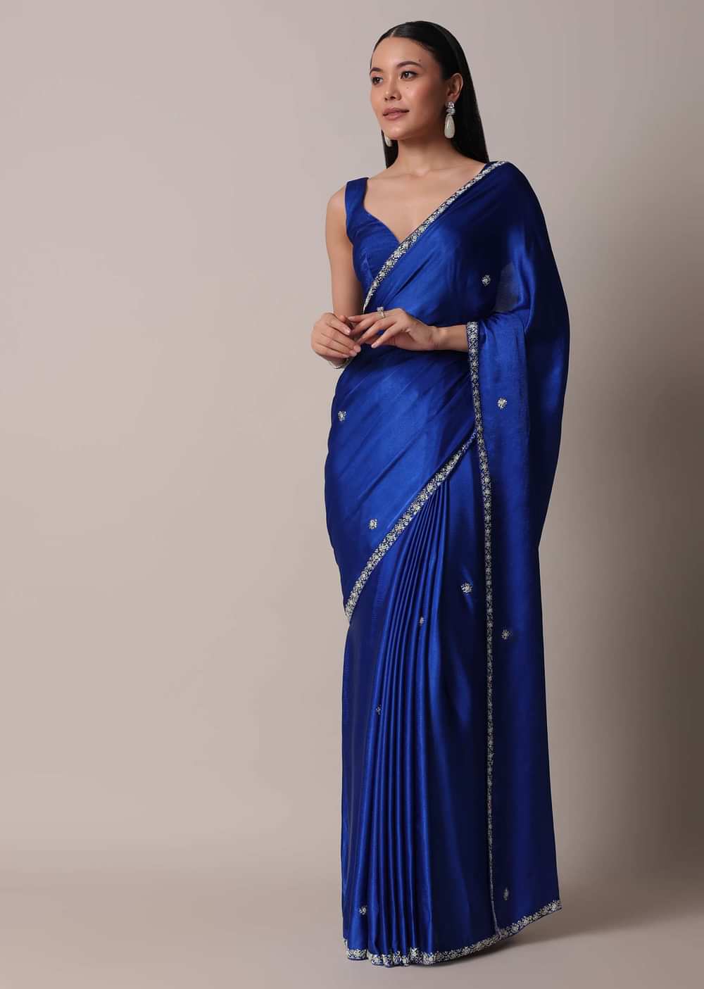 Blue Satin Saree With Stone Embellished Border And Unstitched Blouse Piece