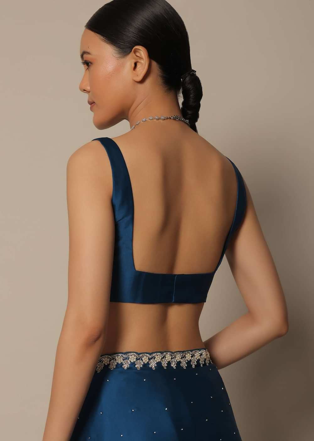 Blue Satin Saree With Stone Studded Border And Unstitched Blouse Piece