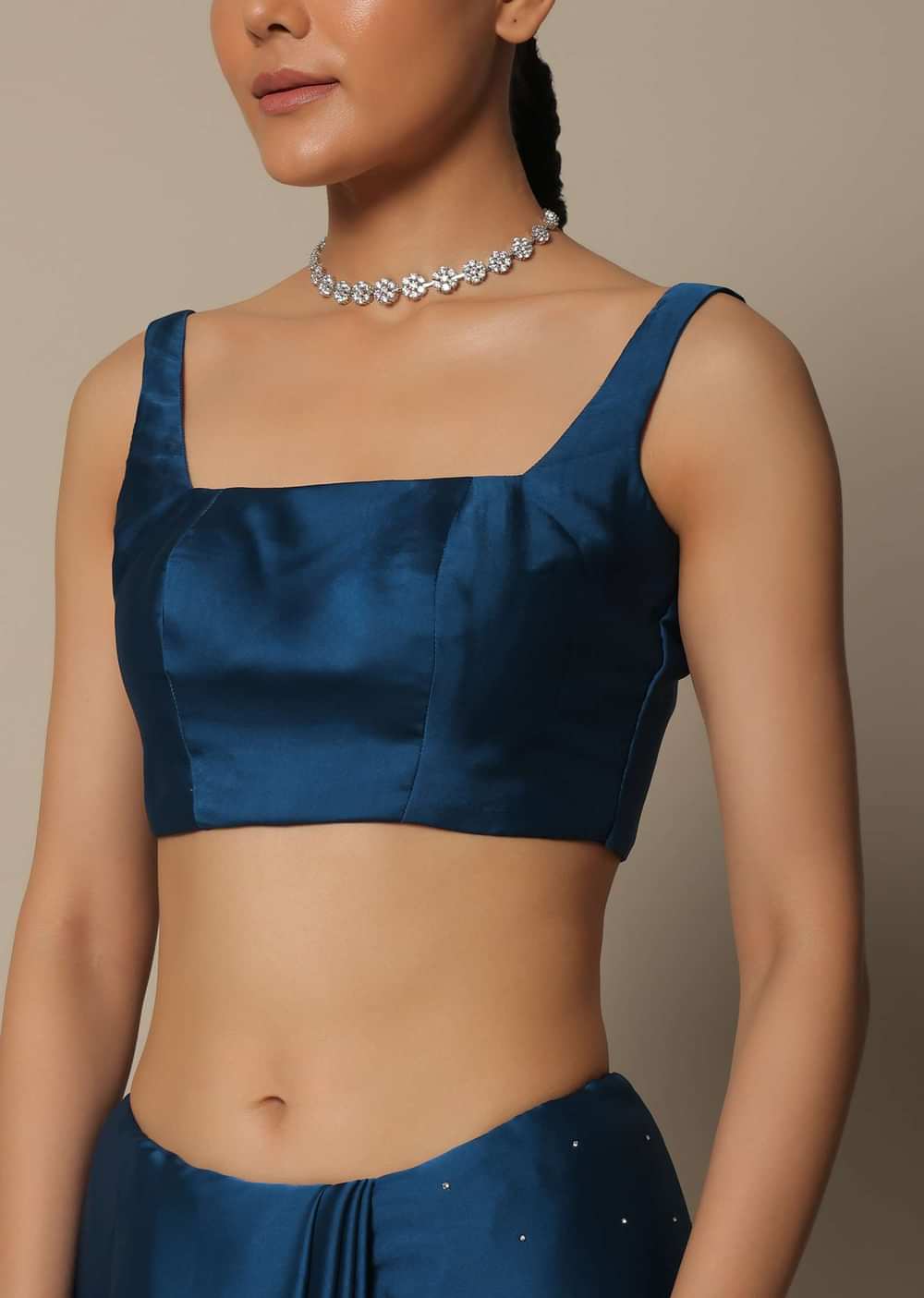 Blue Satin Saree With Stone Studded Border And Unstitched Blouse Piece