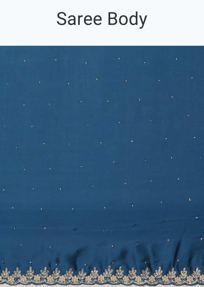 Blue Satin Saree With Stone Studded Border And Unstitched Blouse Piece