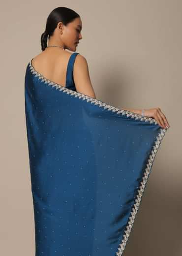 Blue Satin Saree With Stone Studded Border And Unstitched Blouse Piece