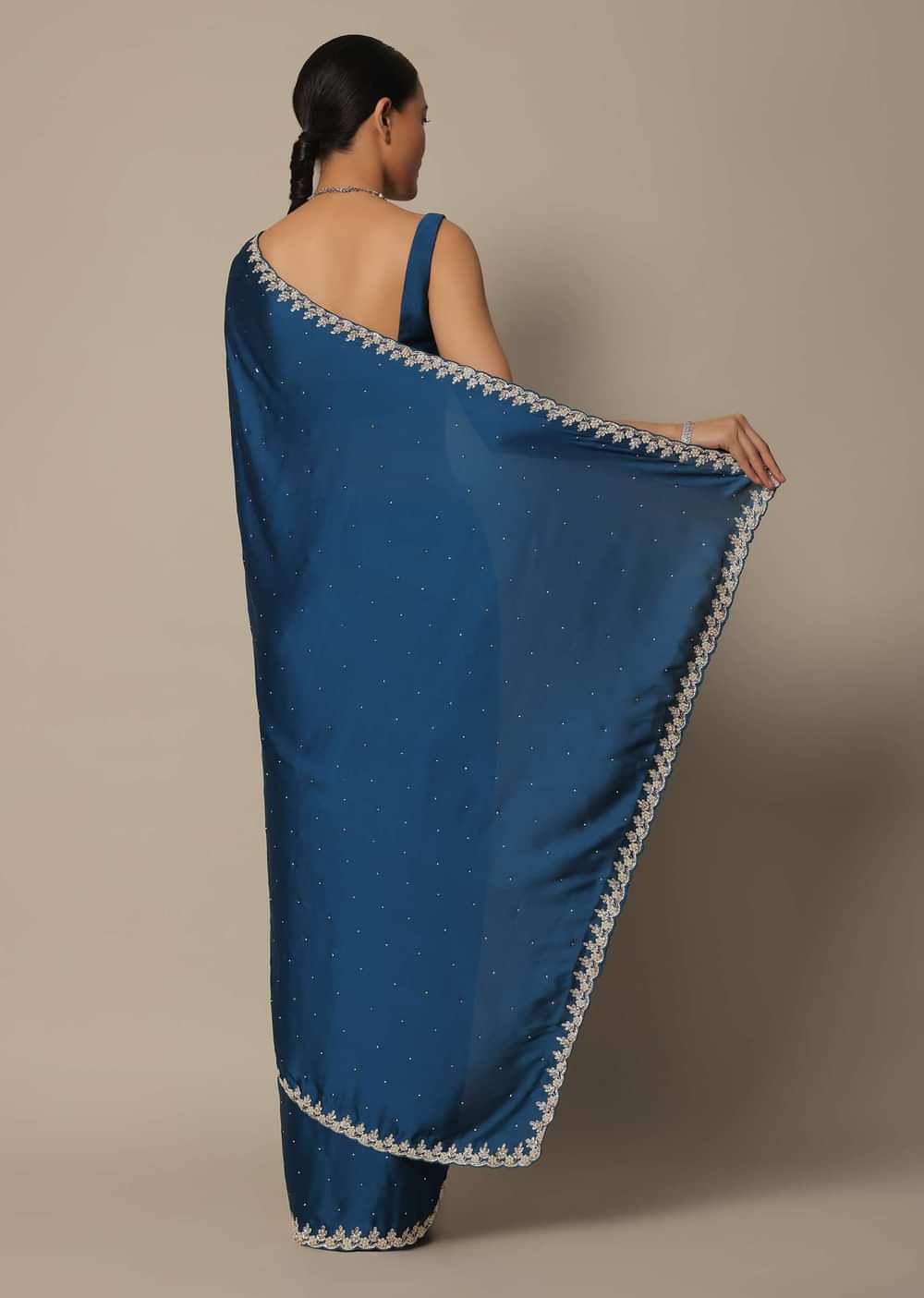 Blue Satin Saree With Stone Studded Border And Unstitched Blouse Piece