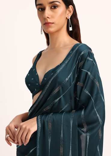 Blue Satin Saree With Stone Work And Unstitched Blouse