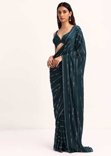 Blue Satin Saree With Stone Work And Unstitched Blouse
