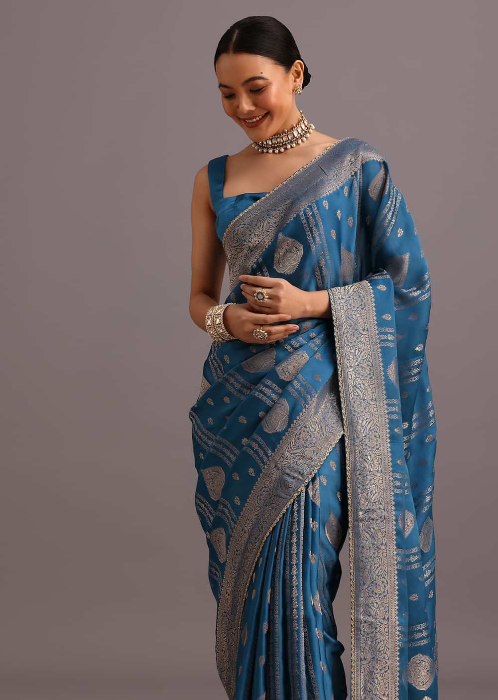 Blue Satin Silk Zari Woven Saree With Brocade Border