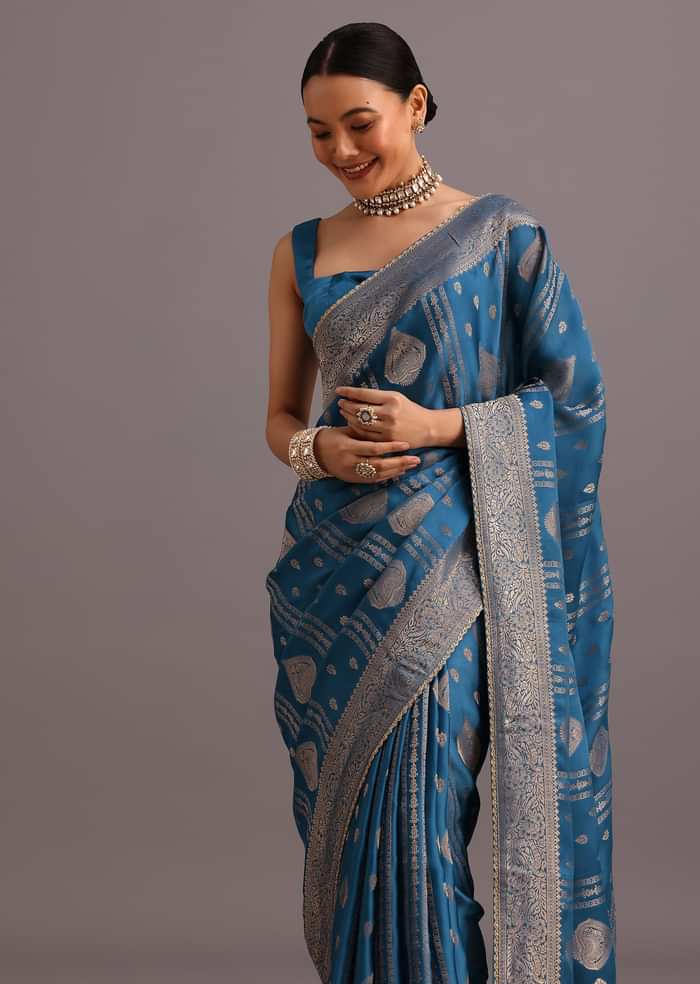 Blue Satin Silk Zari Woven Saree With Brocade Border