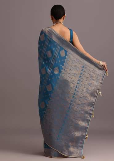 Blue Satin Silk Zari Woven Saree With Brocade Border