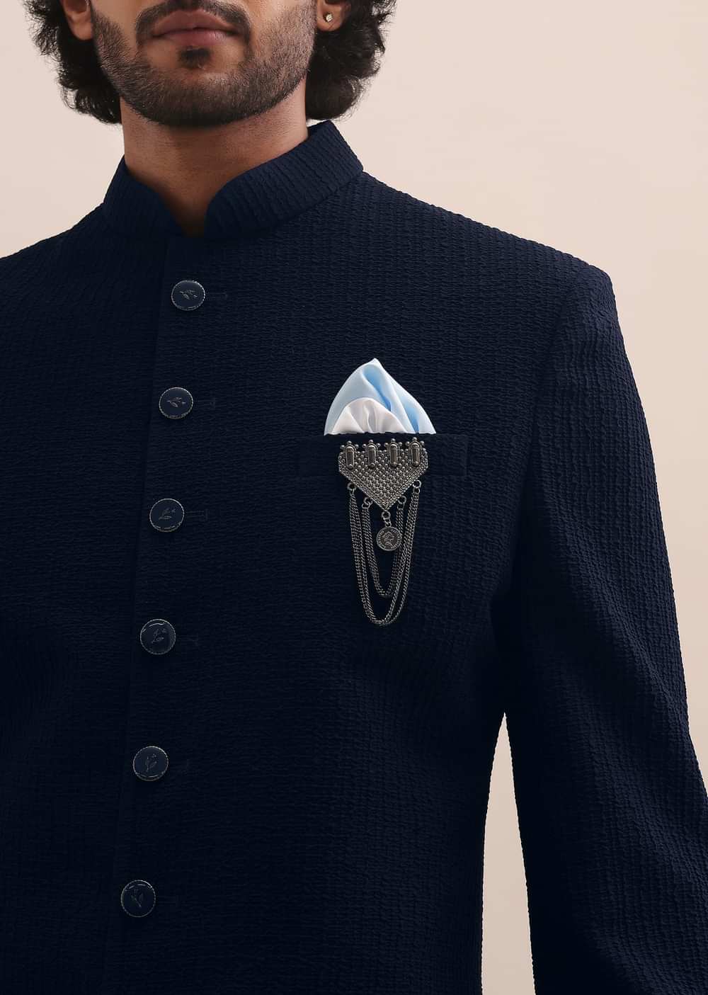 Blue Self Embroidered Sherwani For Men
