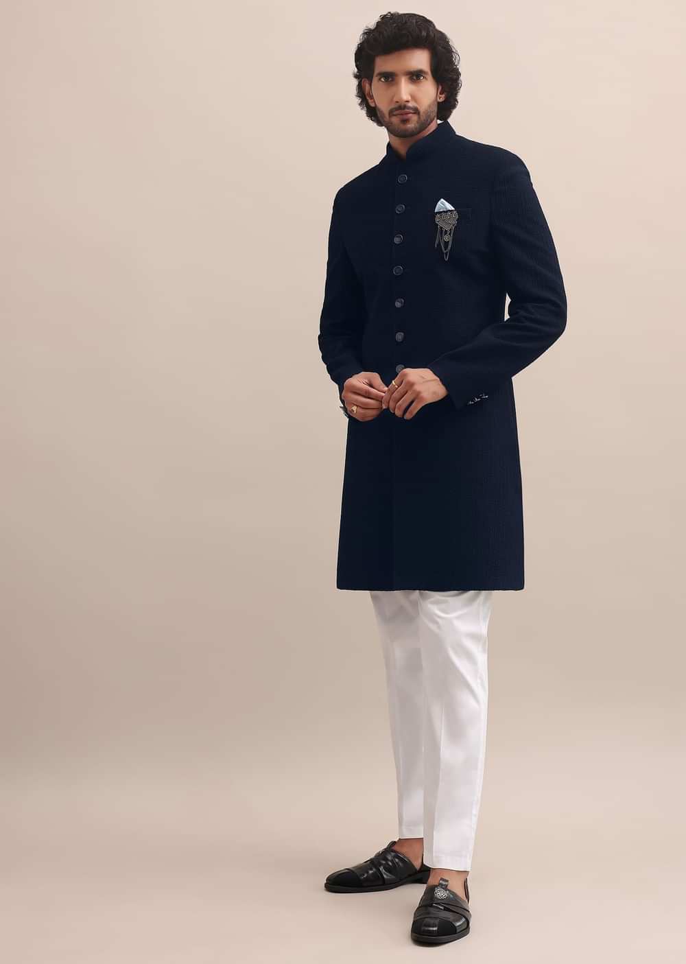 Blue Self Embroidered Sherwani For Men