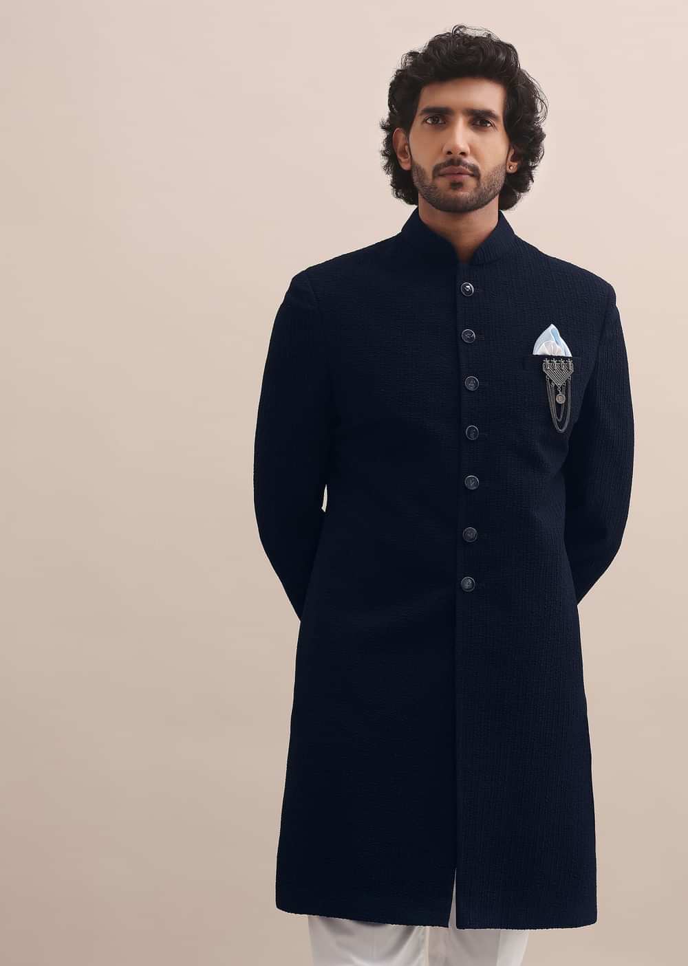Blue Self Embroidered Sherwani For Men