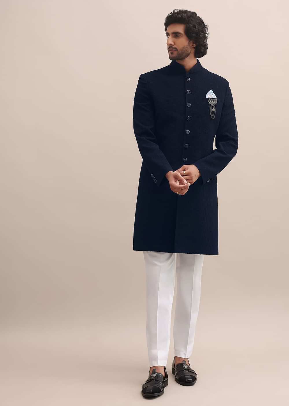 Blue Self Embroidered Sherwani For Men
