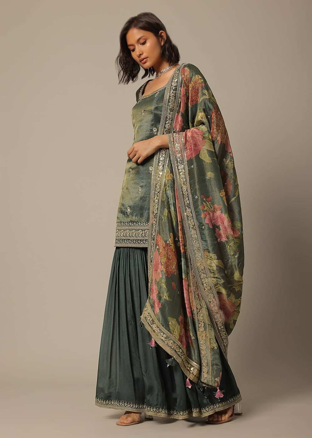 Green Sharara Set In Chiffon With Sequin Embroidery