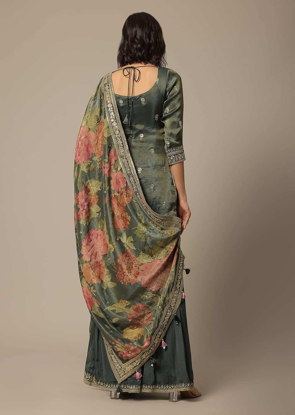 Green Sharara Set In Chiffon With Sequin Embroidery