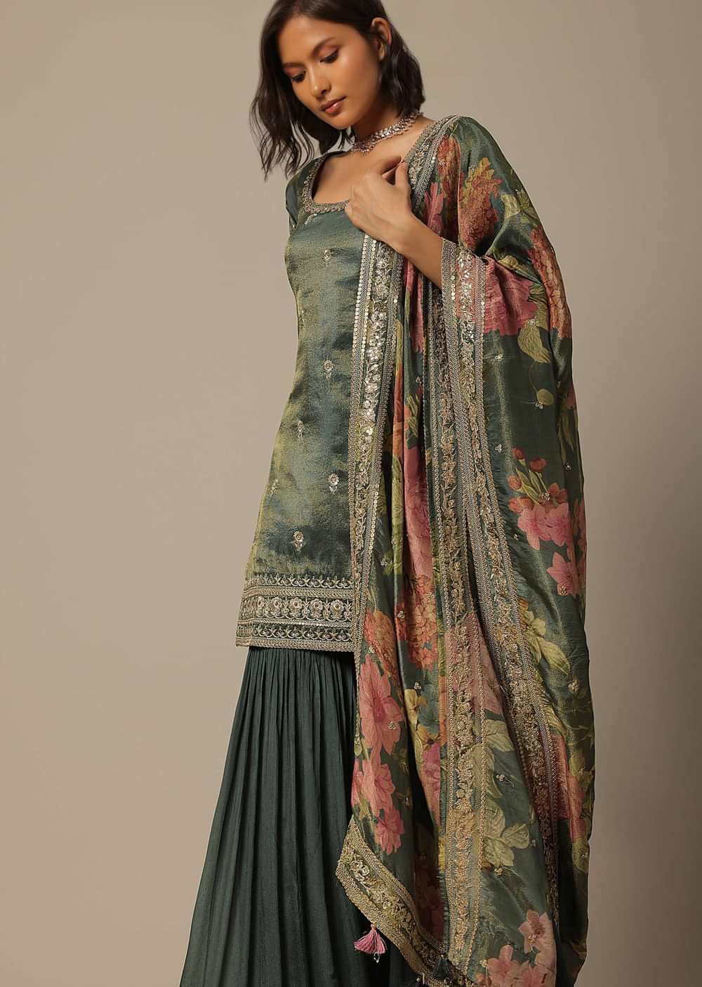 Green Sharara Set In Chiffon With Sequin Embroidery