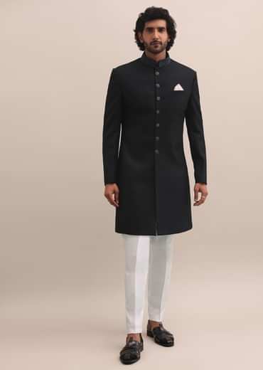 Blue Sherwani With Intricate Embroidered Collar For Men