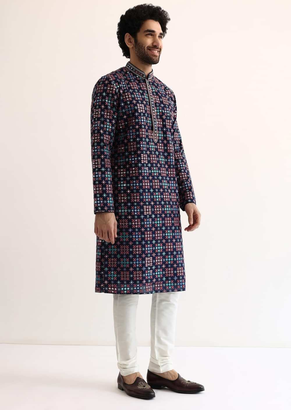 Blue Silk Abla Work Kurta Set For Men