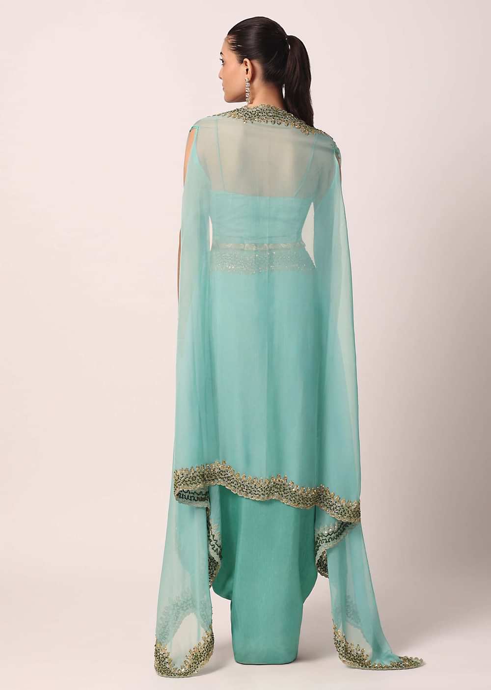 Blue Silk Dhoti Set With Organza Jacket