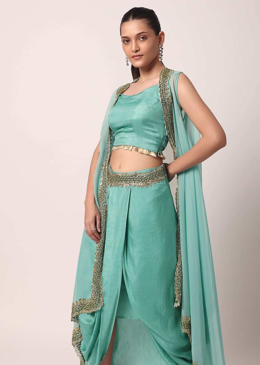 Blue Silk Dhoti Set With Organza Jacket