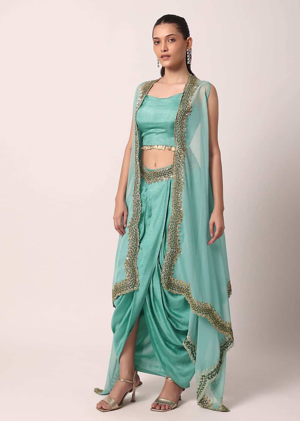 Blue Silk Dhoti Set With Organza Jacket