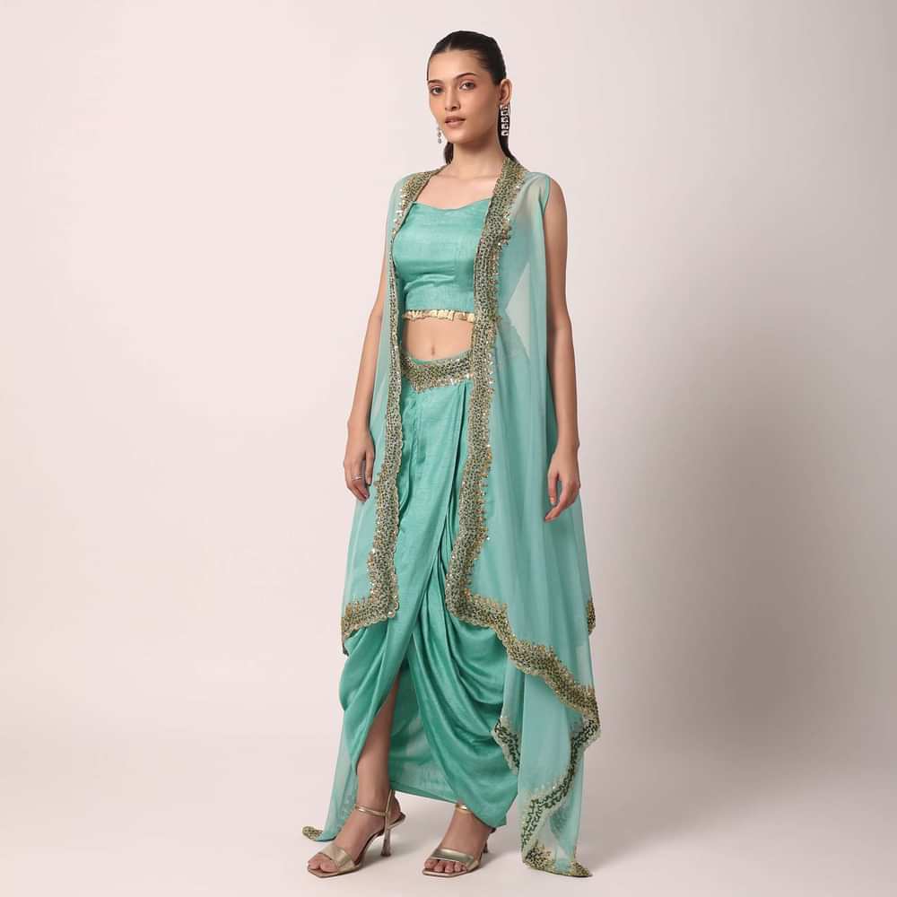 Blue Silk Dhoti Set With Organza Jacket