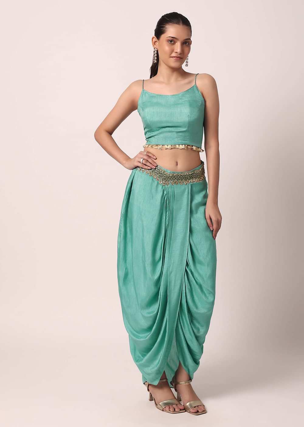 Blue Silk Dhoti Set With Organza Jacket