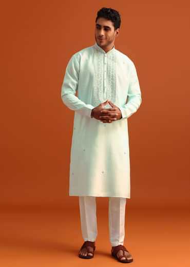 Blue Silk Hand Embroidered Kurta And Pant Set