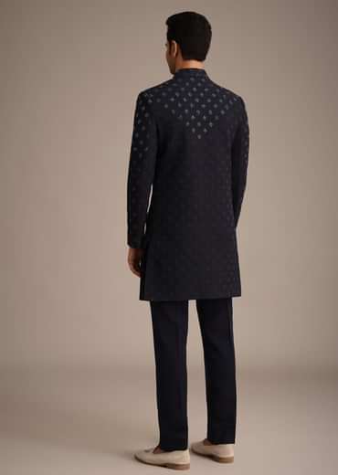 Blue Silk Indowestern Set With Cutdana Work