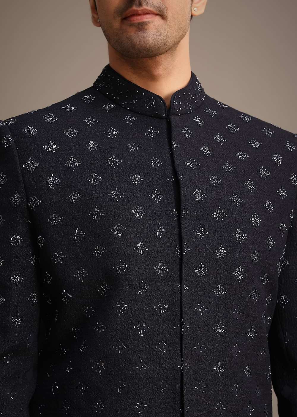Blue Silk Indowestern Set With Cutdana Work