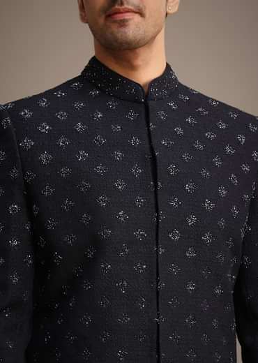 Blue Silk Indowestern Set With Cutdana Work