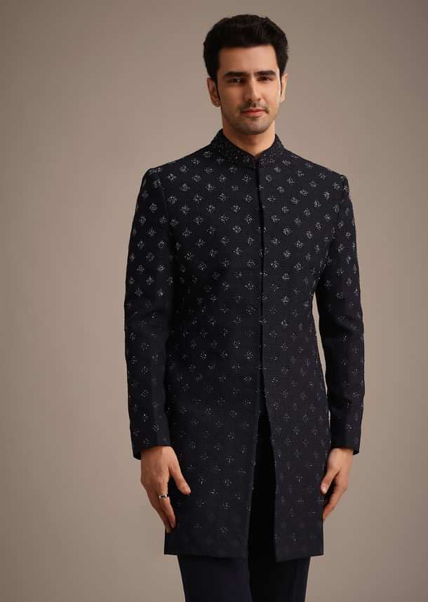 Blue Silk Indowestern Set With Cutdana Work