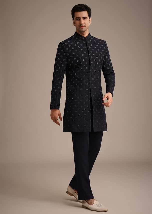 Blue Silk Indowestern Set With Cutdana Work