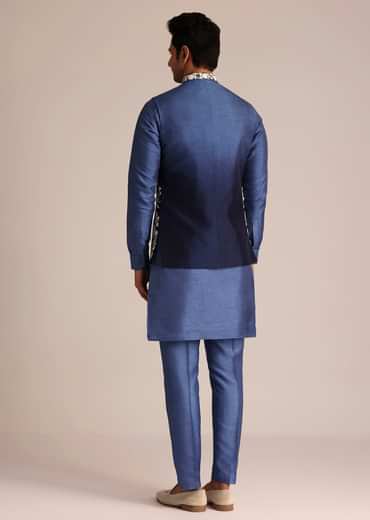 Blue Silk Jacket Set With Dori Work
