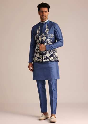 Blue Silk Jacket Set With Dori Work
