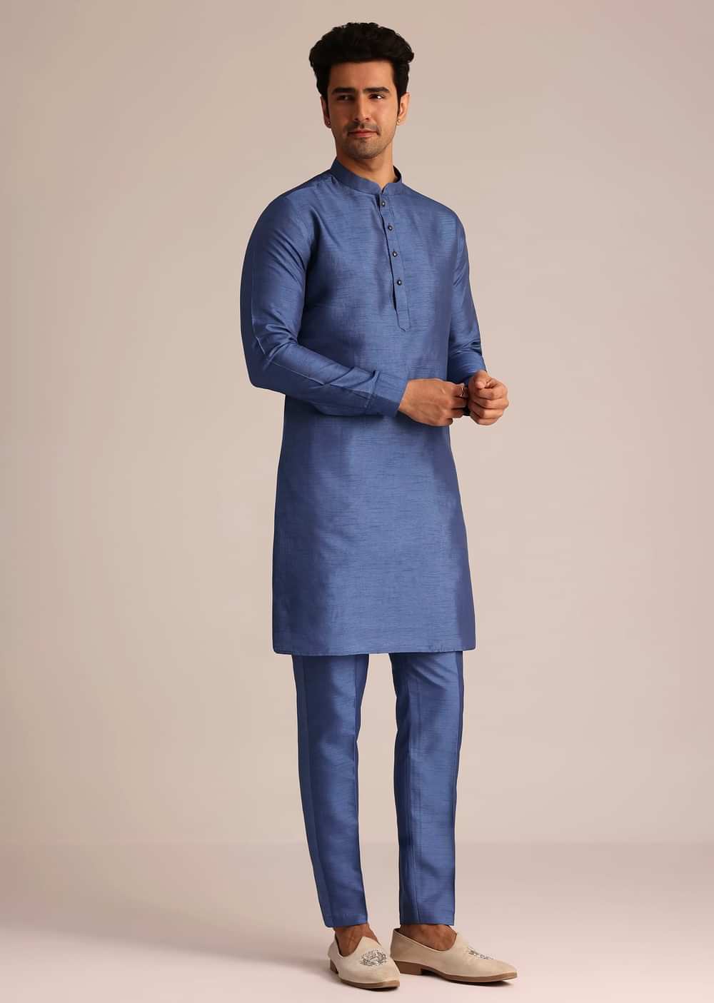 Blue Silk Jacket Set With Dori Work