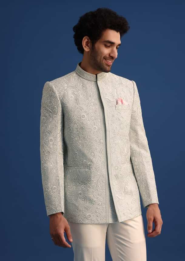 Blue Silk Jodhpuri Pant Set With Hand Work
