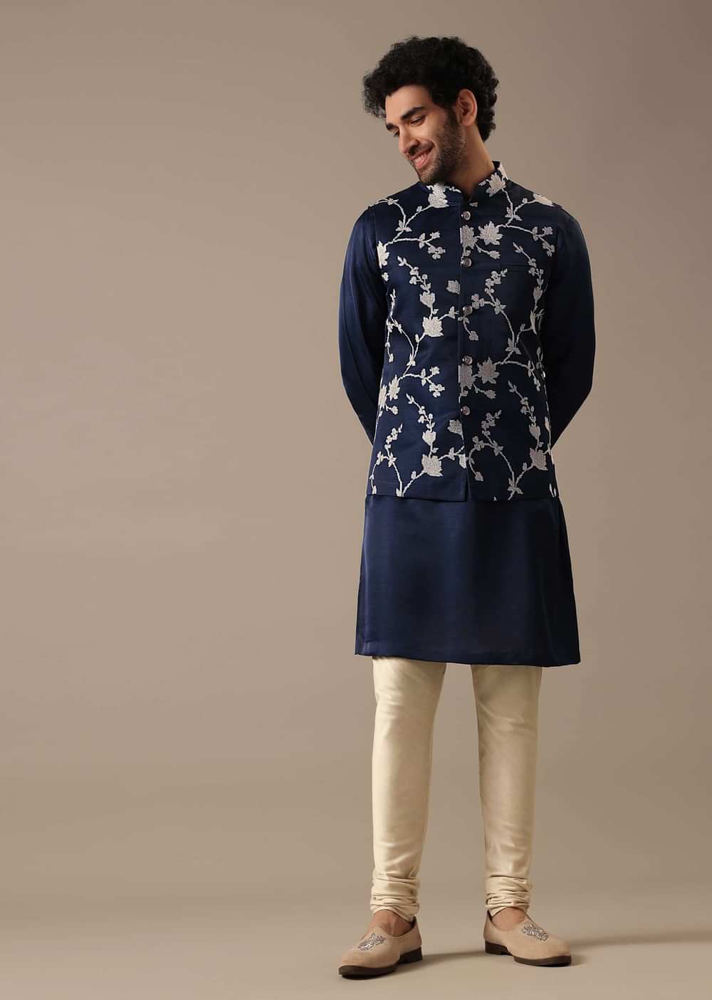 Blue Silk Kurta And Floral Bundi Set