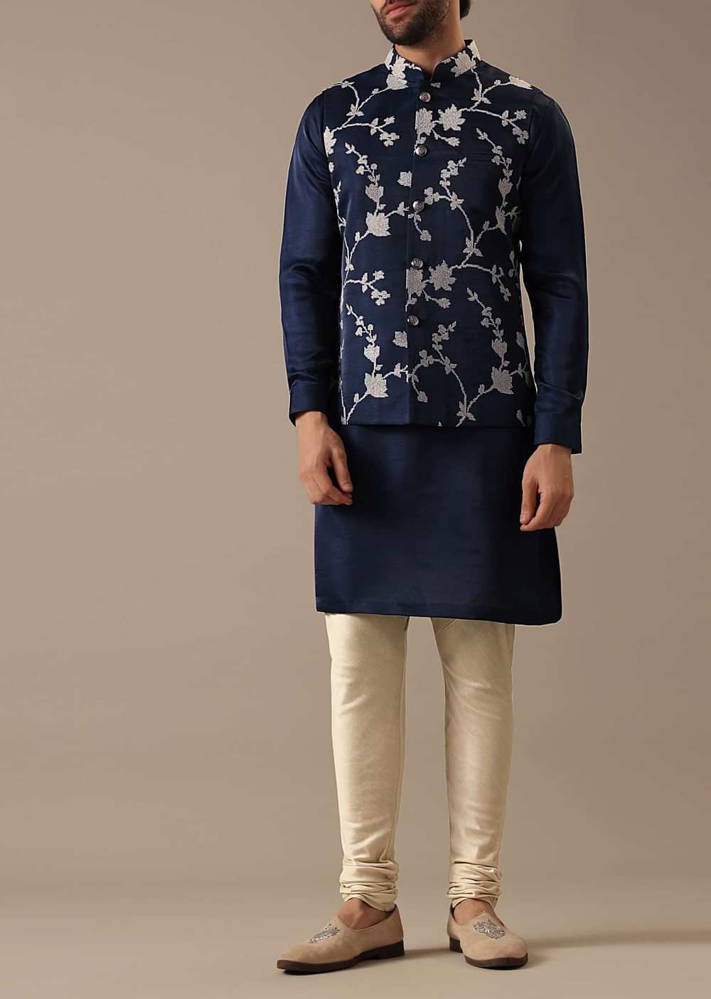 Blue Silk Kurta And Floral Bundi Set