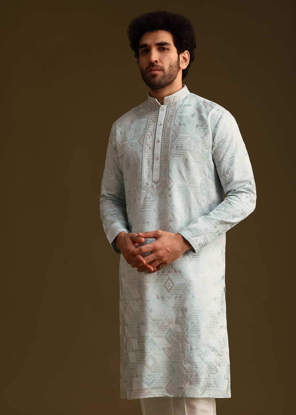 Blue Silk Mandarin Collar Kurta Set With Embroidered Yoke