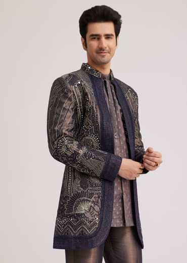 Blue Silk Open Sherwani Set With Zardosi And Mirror Work