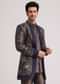 Blue Silk Open Sherwani Set With Zardosi And Mirror Work