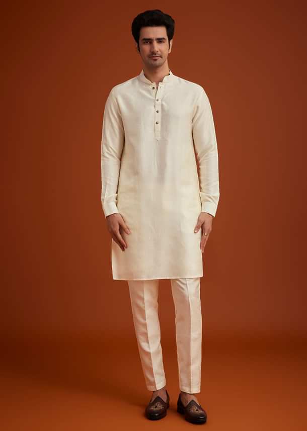 Cream To Yellow Ombre Silk Jacket Set With Thread And Mirror Work Cream To Yellow Ombre Silk Jacket Set With Thread And Mirror Work