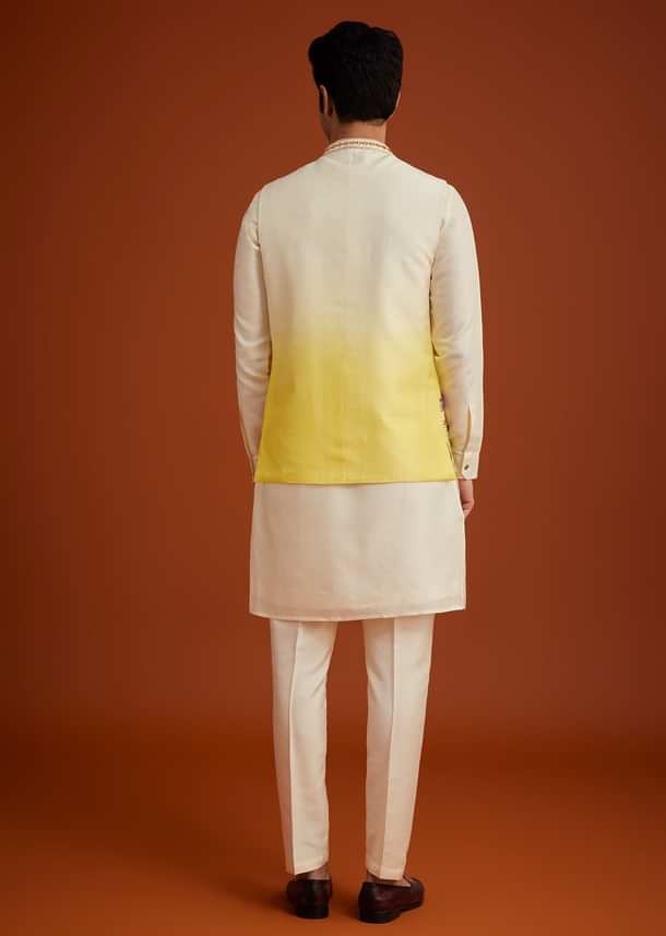 Cream To Yellow Ombre Silk Jacket Set With Thread And Mirror Work Cream To Yellow Ombre Silk Jacket Set With Thread And Mirror Work
