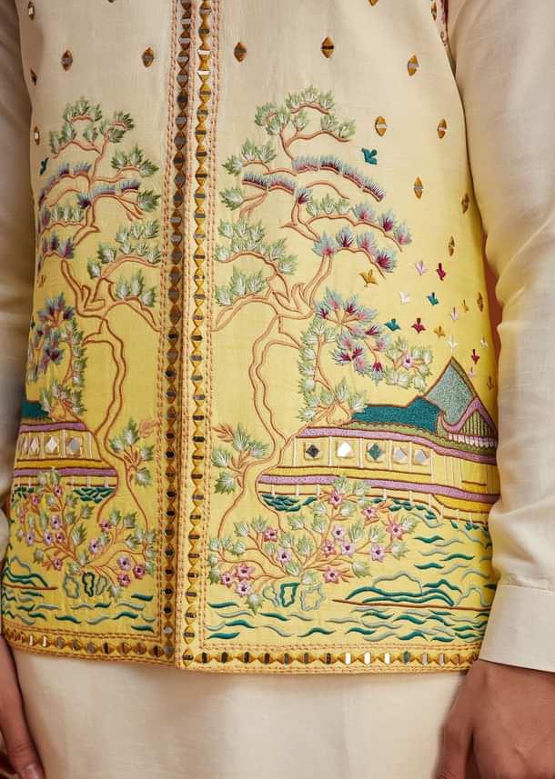 Cream To Yellow Ombre Silk Jacket Set With Thread And Mirror Work Cream To Yellow Ombre Silk Jacket Set With Thread And Mirror Work