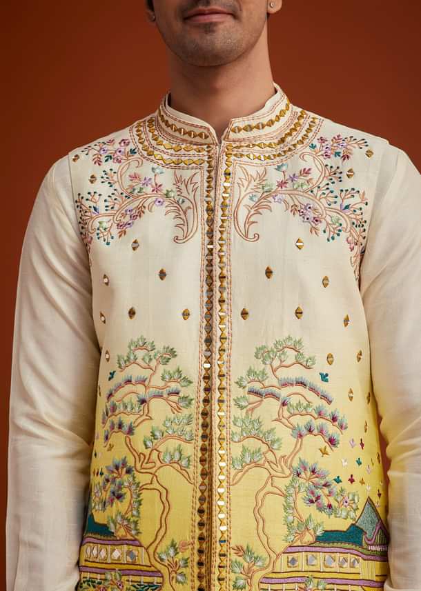 Cream To Yellow Ombre Silk Jacket Set With Thread And Mirror Work Cream To Yellow Ombre Silk Jacket Set With Thread And Mirror Work