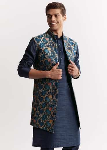 Blue Silk Printed Jacket Kurta Set With Floral Motifs